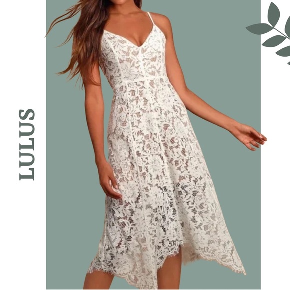 Lulus White Lace Halter Dressa Nude Lining Asymmetrical Cut Size Small - Picture 1 of 12